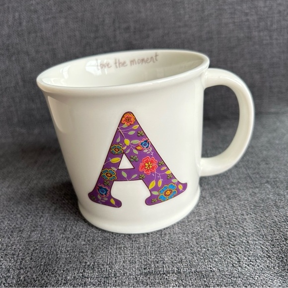 Floral “A” Initial “Love the Moment” Mug, White, Purple, Colorful, 12 oz - Picture 15 of 15